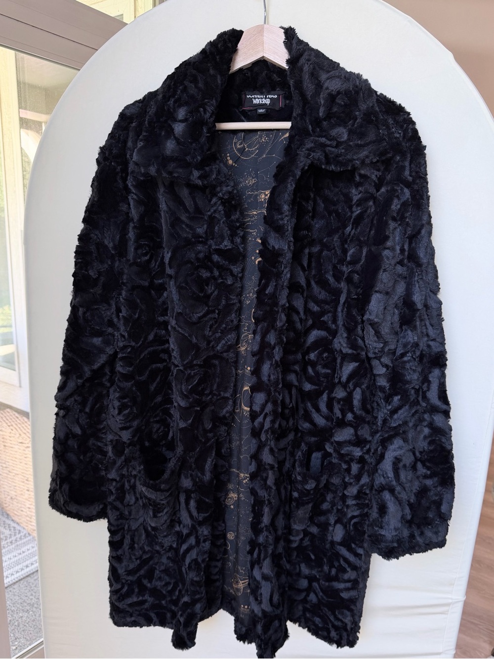 Johnny Was Workshop Faux Fur Coat - Black Rose Mid Length size L Celestial Lined